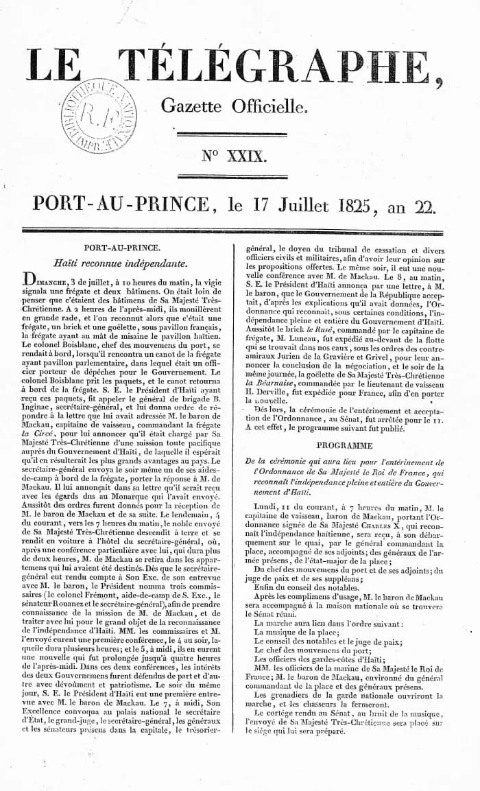 Le Télégraphe, 1825 — Haiti reconnue indépendante